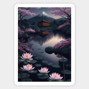 Serene Mount Fuji Sunset - Peaceful River Scenery - Lotus Flowers Sticker